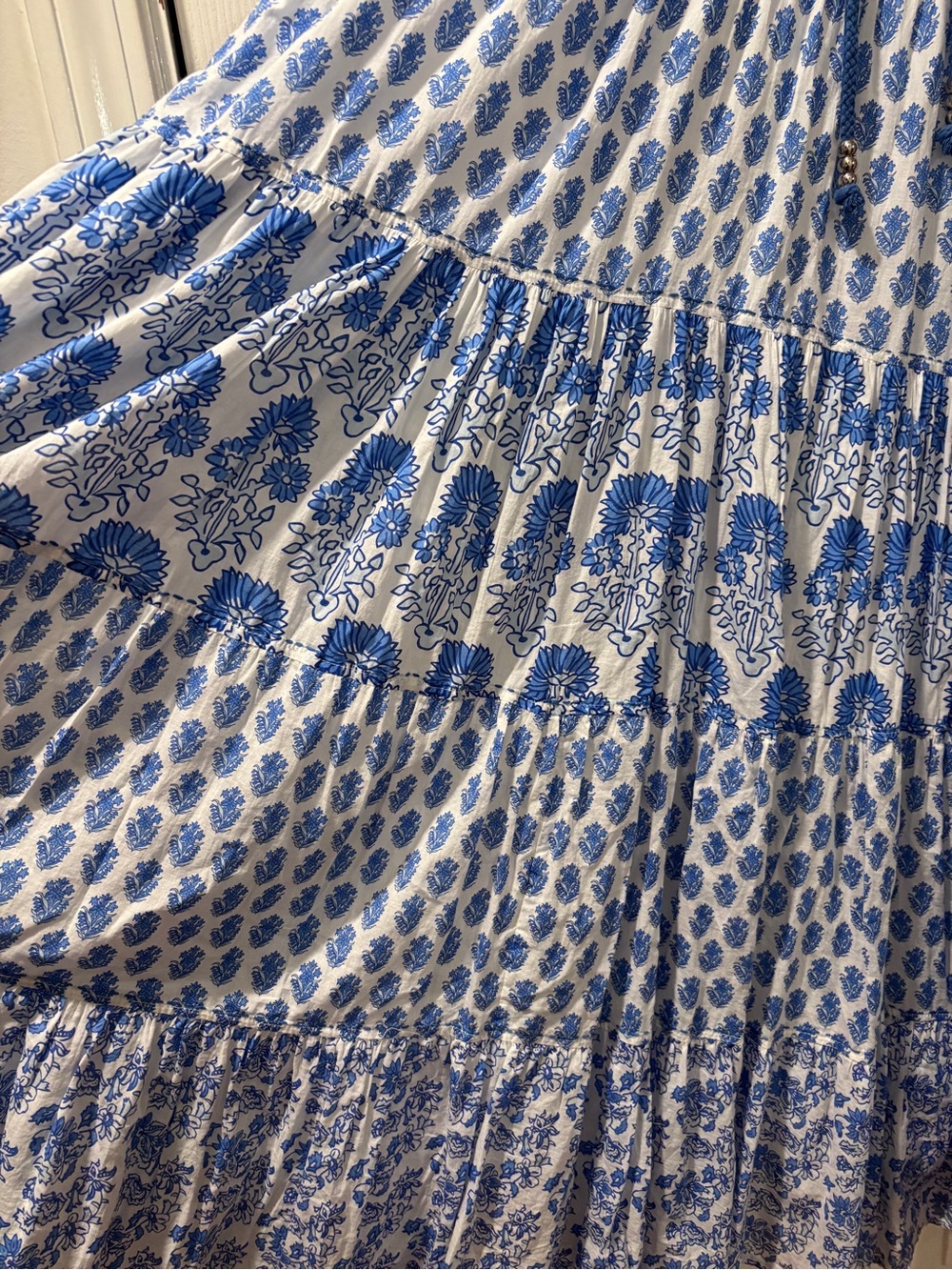 Calypso St. Barth Blue White Floral Block Print Tiered Maxi Dress Halter, Small - Picture 12 of 13